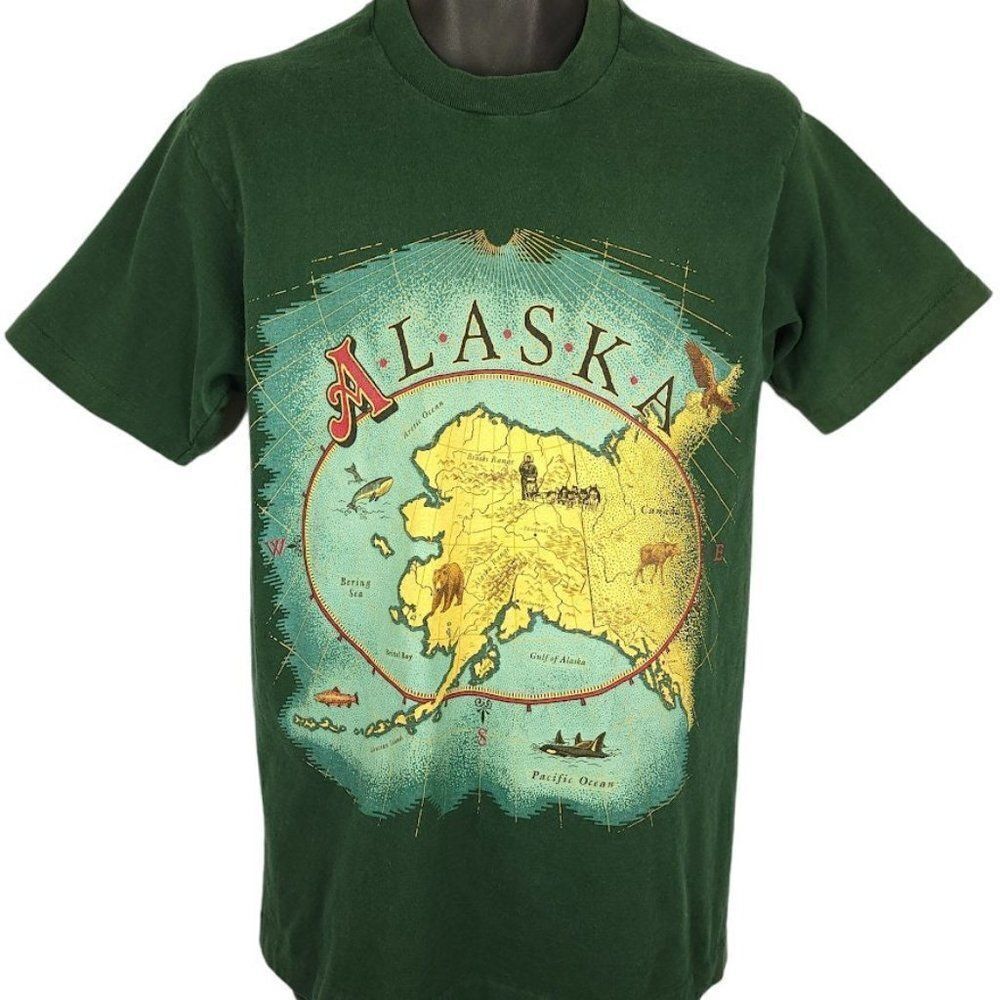 Alaska T Shirt Vintage 90s Grizzly Bear Sled Dogs Whale Made In USA Mens Medium